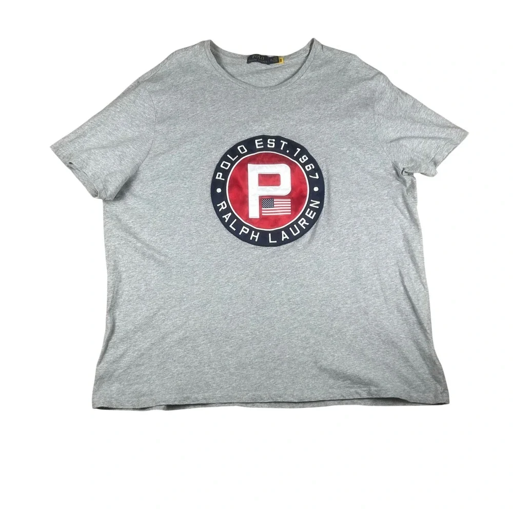 Polo Ralph Lauren Mens XXL Heather Gray Graphic Patch‎ Logo T-Shirt Short Sleeve